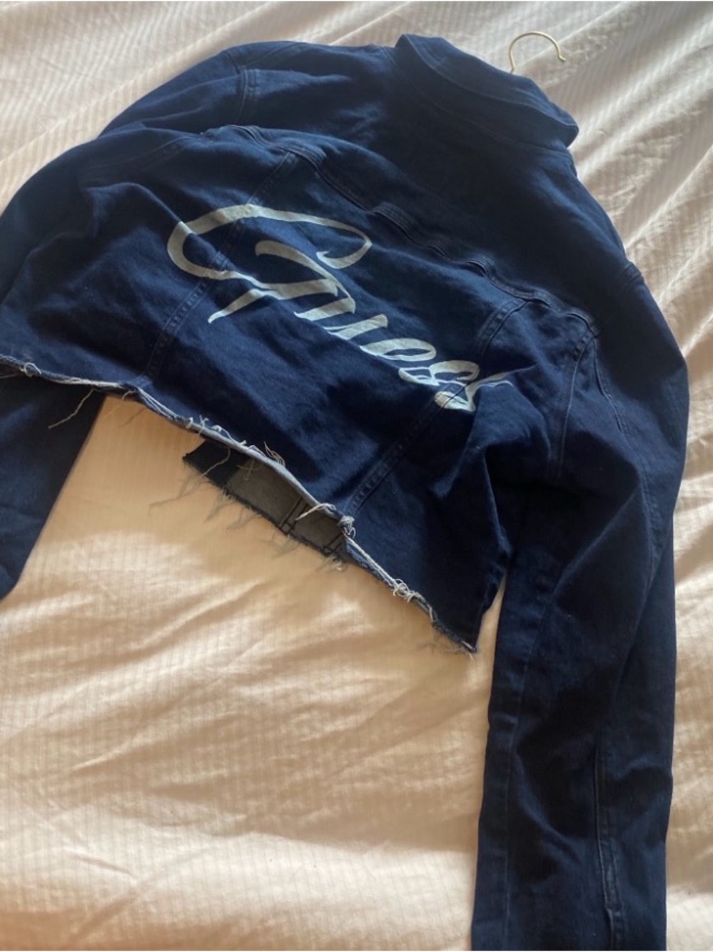 Guess Navy Cropped Denim Jacket with White Script